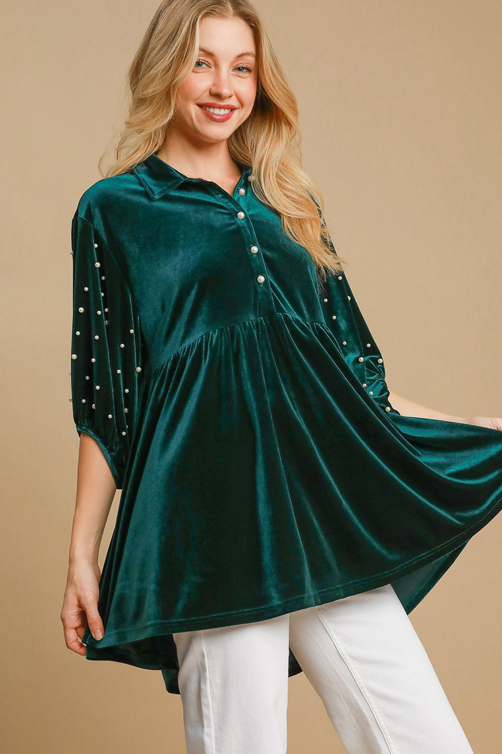 Umgee Pearl Detail Half Sleeve Velvet Babydoll Blouse - SaltTree