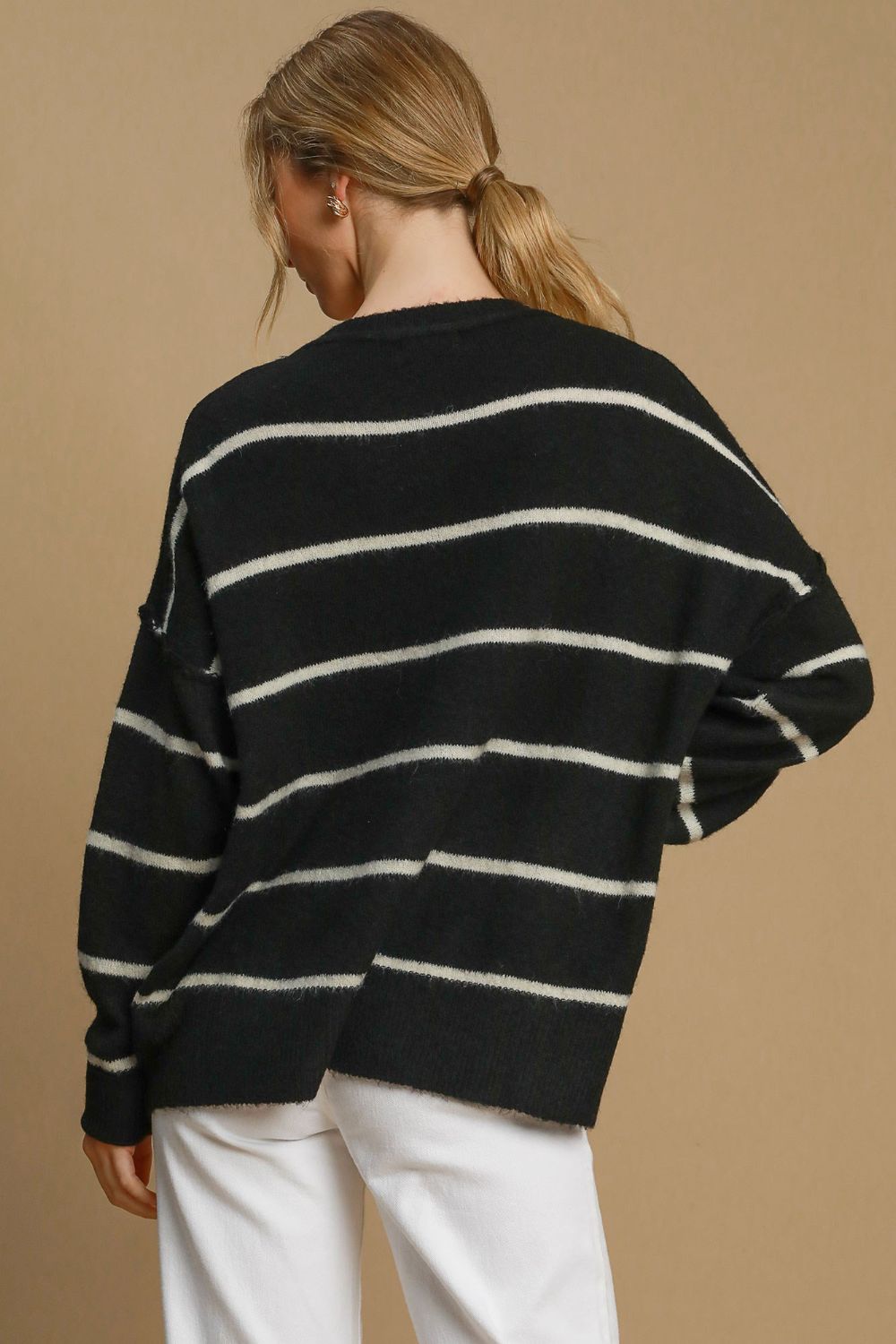 Umgee Wool Blend Striped Round Neck Sweater - SaltTree