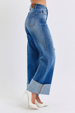 Judy Blue Full Size Distressed High Waist Wide Leg Jeans -82636TD