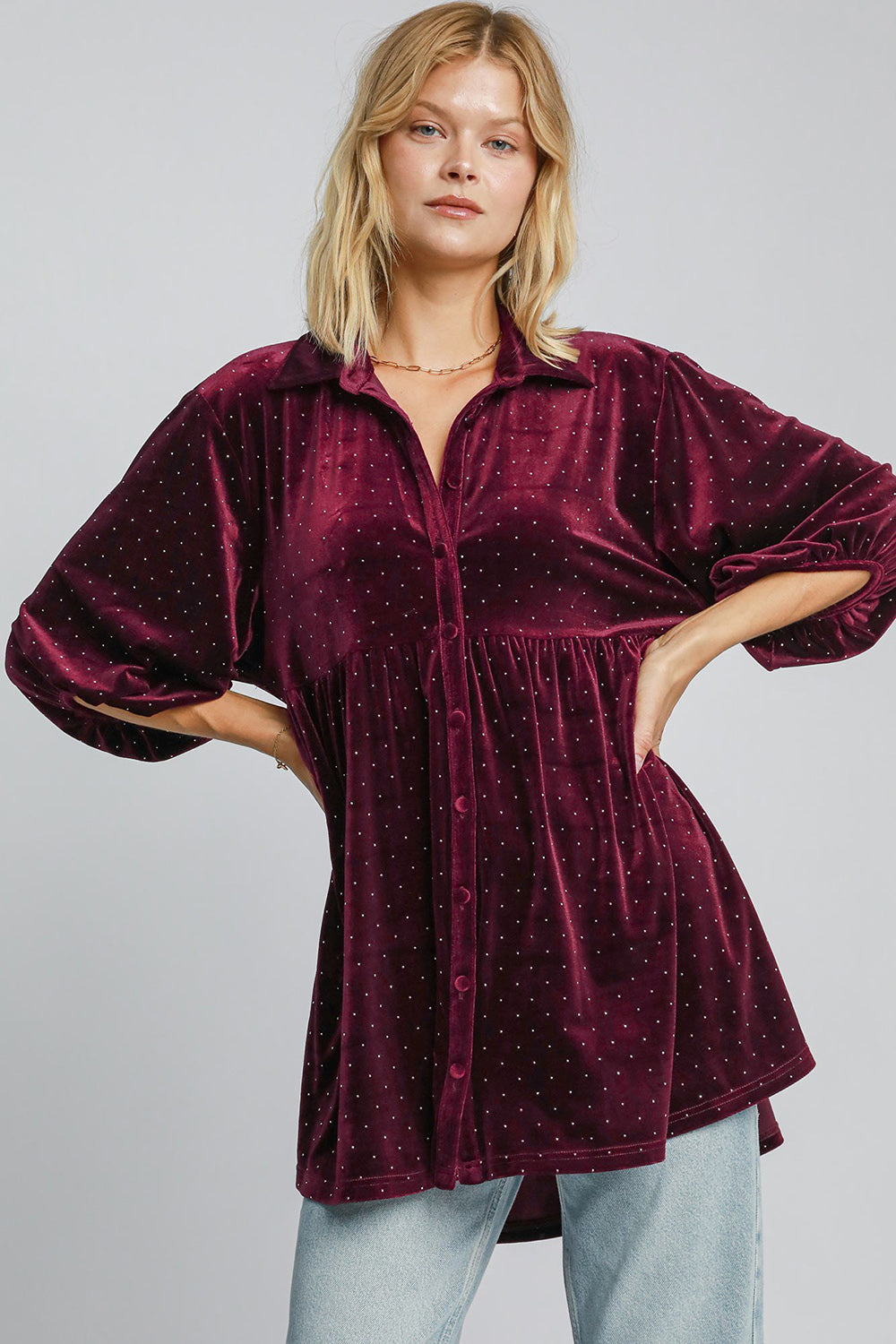 Umgee Full Size Polka Dot Button Up Half Sleeve Shirt - SaltTree