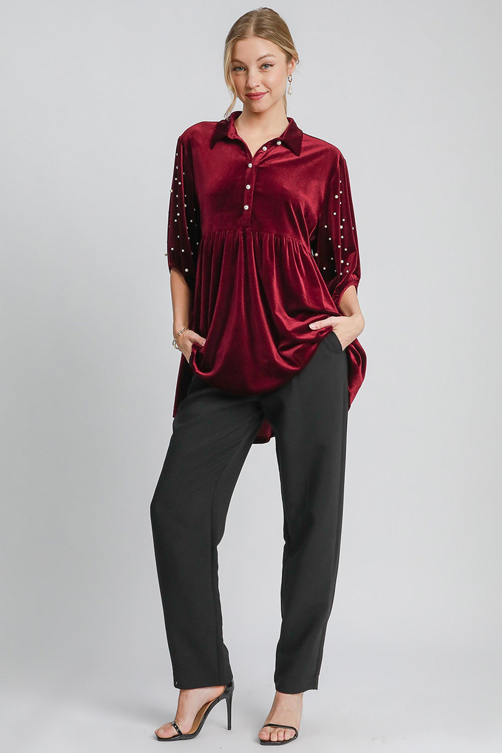 Umgee Pearl Detail Collared Neck Velvet Babydoll Blouse - SaltTree