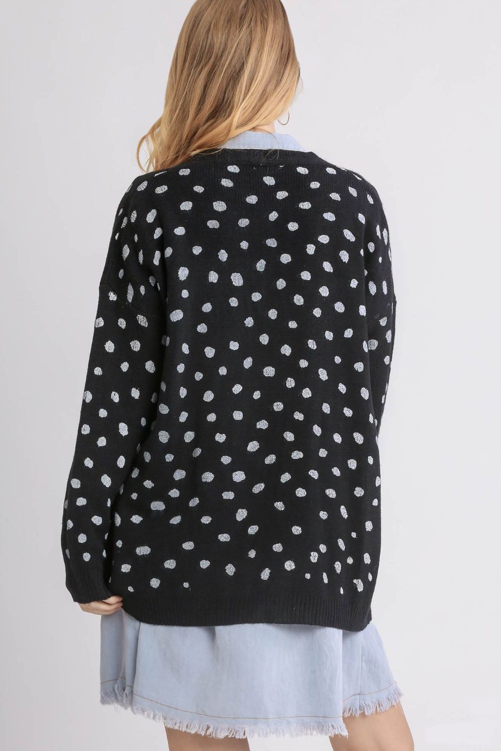 Umgee Polka Dot Open Front Drop Shoulder Cardigan - SaltTree