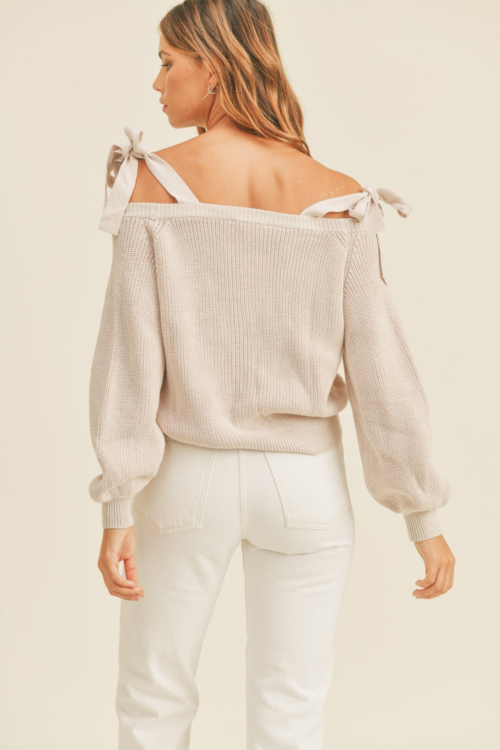 MABLE Off Shoulder Self Tie Strap Button Down Sweater - SaltTree