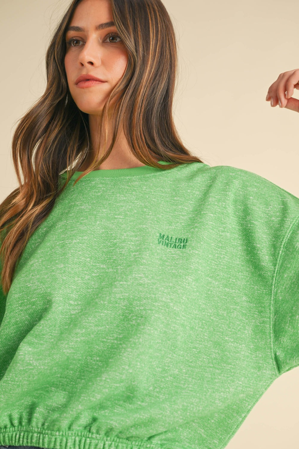 Mable Round Neck Letter Embroidery Crop Sweatshirt - SaltTree