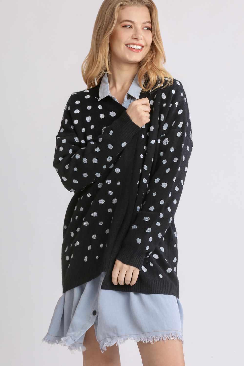 Umgee Polka Dot Open Front Drop Shoulder Cardigan - SaltTree