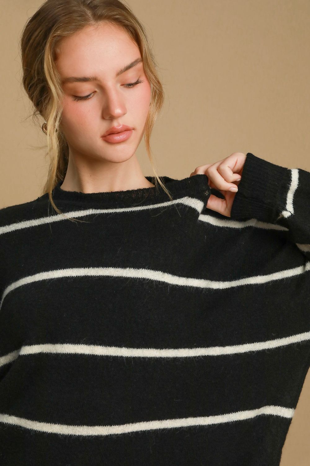 Umgee Wool Blend Striped Round Neck Sweater - SaltTree