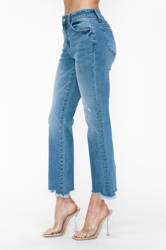 bytos Raw Hem Distressed Mid Rise Crop Jeans - SaltTree