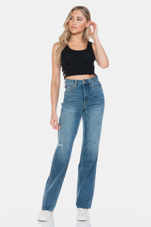 Judy Blue Full Size Tummy Control Cut Raw Hem Straight Jeans - 88848TD