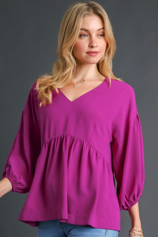 Umgee Full Size V-Neck Puffed 3/4 Sleeve Babydoll Blouse Plus Size