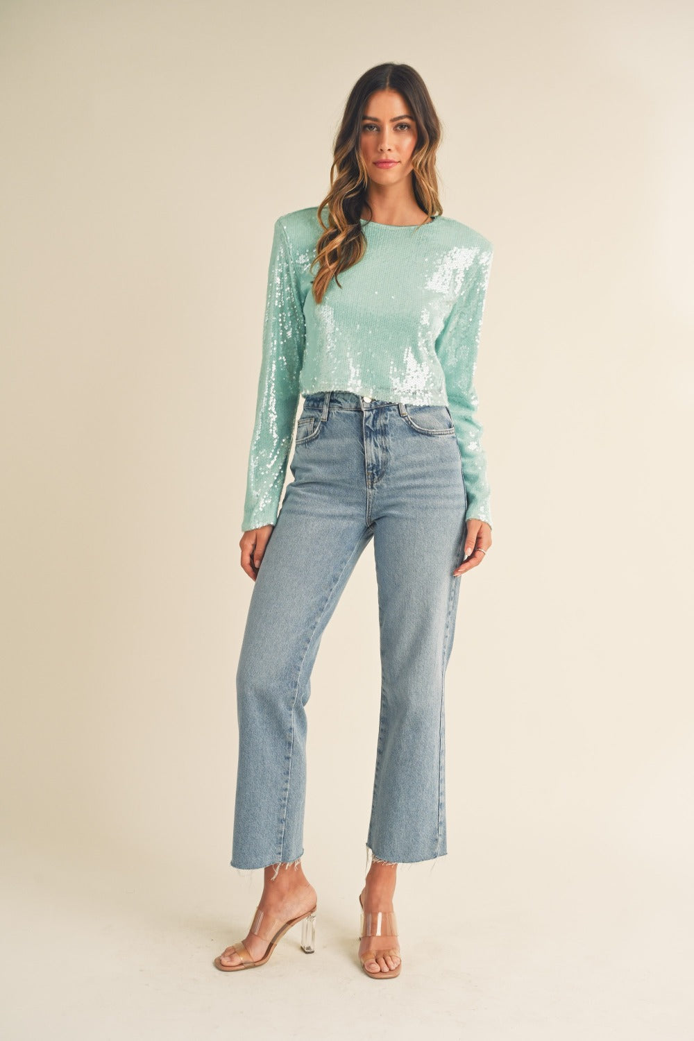MABLE Shoulder Padded Sequin Crop Top - SaltTree