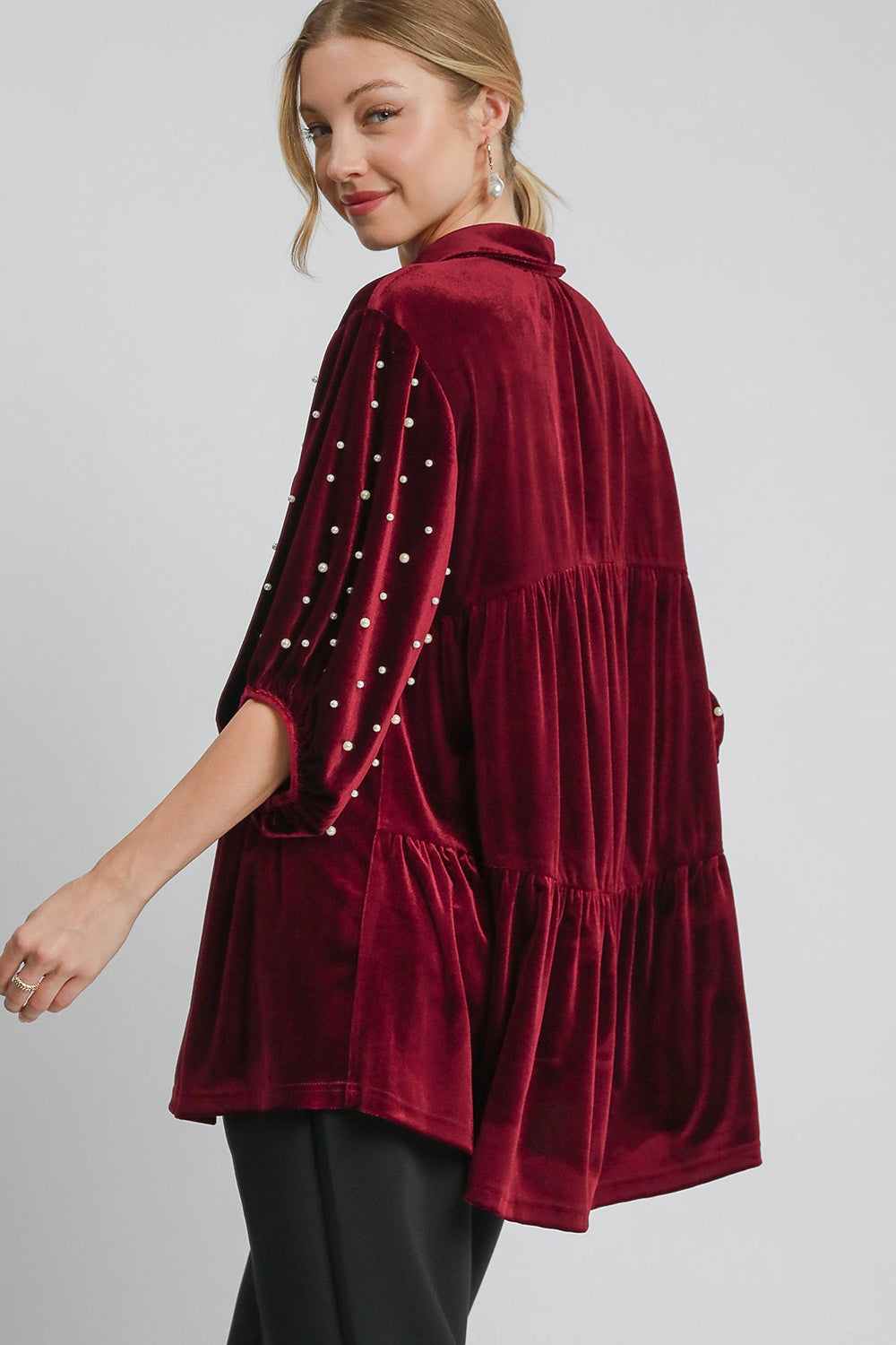 Umgee Pearl Detail Collared Neck Velvet Babydoll Blouse - SaltTree
