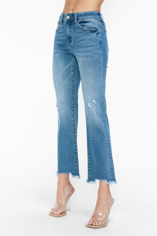 bytos Raw Hem Distressed Mid Rise Crop Jeans - SaltTree