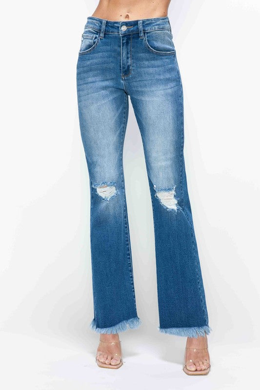bytos Full Size Raw Hem Distressed High Rise Bootcut Jeans - SaltTree