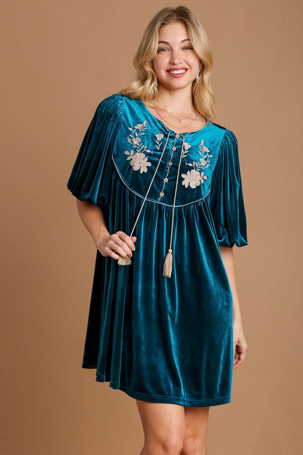 Umgee Embroidered Half Sleeve Velvet Mini Dress with Tassel - SaltTree