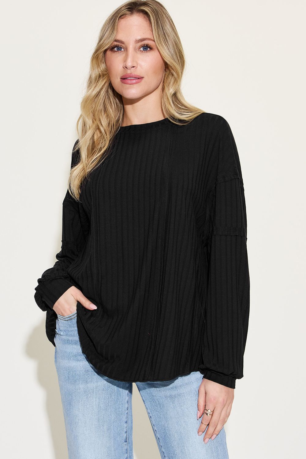 Basic Bae Full Size Ribbed Round Neck Long Sleeve T-Shirt - SaltTree