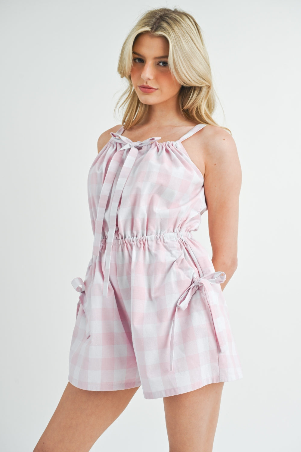MABLE Plaid Sleeveless Button Down Romper - SaltTree