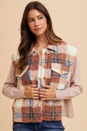 Annie Wear Faux Fur Plaid Button Up Jacket