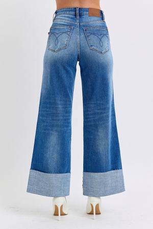 Judy Blue Full Size Distressed High Waist Wide Leg Jeans -82636TD