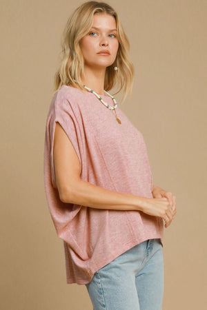 Umgee Exposed Seam Round Neck Batwing Sleeve Knit Top