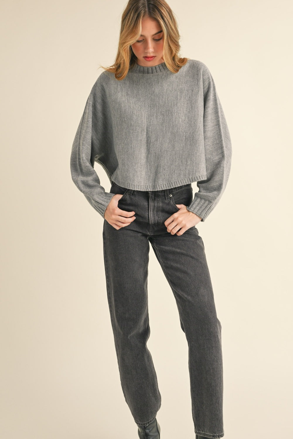 Mable Round Neck Dolman Sleeve Cropped Sweater - SaltTree
