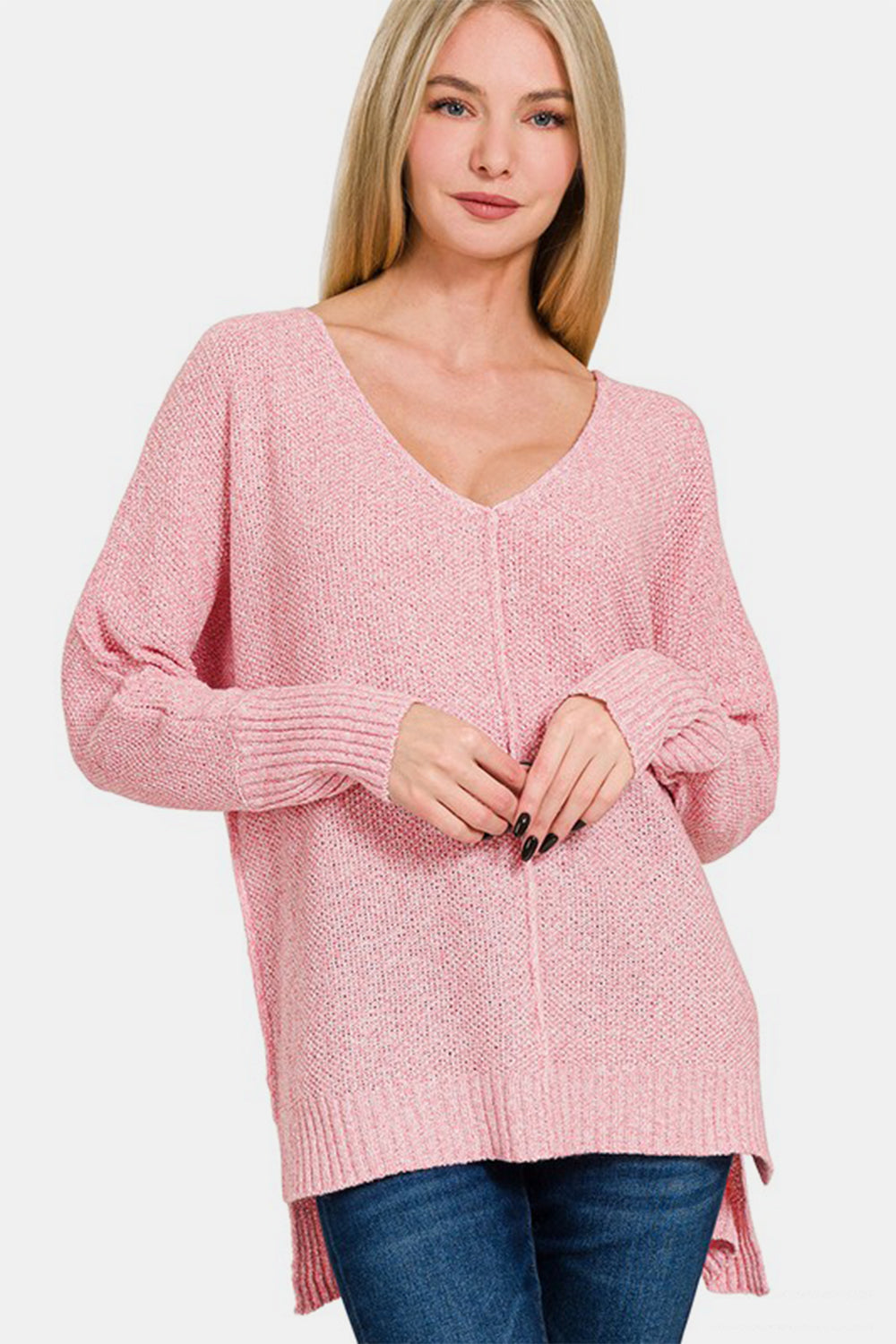 Zenana High-Low Center Seam V-Neck Sweater - SaltTree