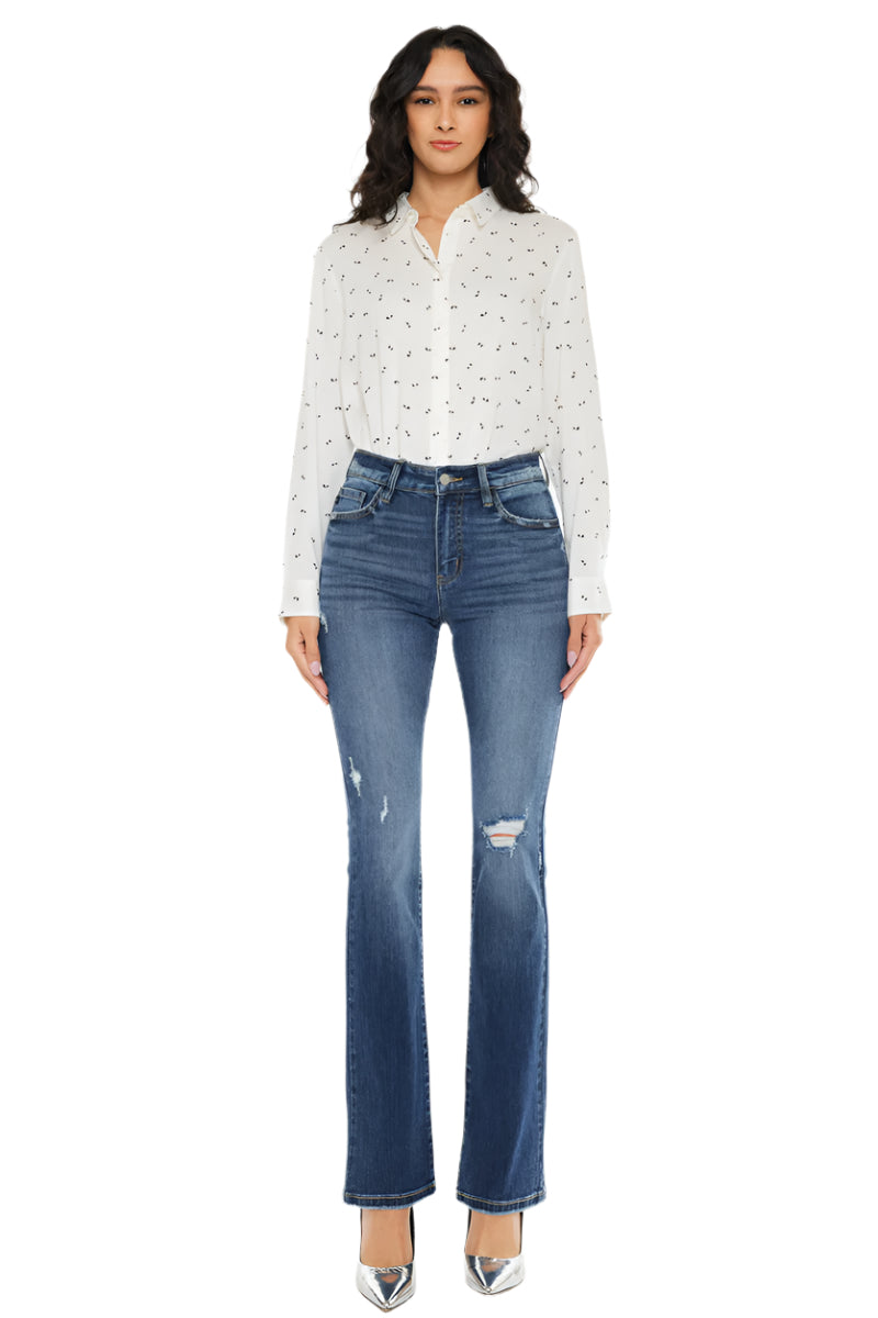 【INCHANT ME】Daily Ribbed Bootcut Pants LA Idol Women's Rhinestone Mid Rise Bootcut Jeans, Spandex