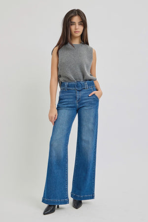 Risen Jeans - Tummy Control High Rise Wide Leg Self Belted Jeans - PW21007
