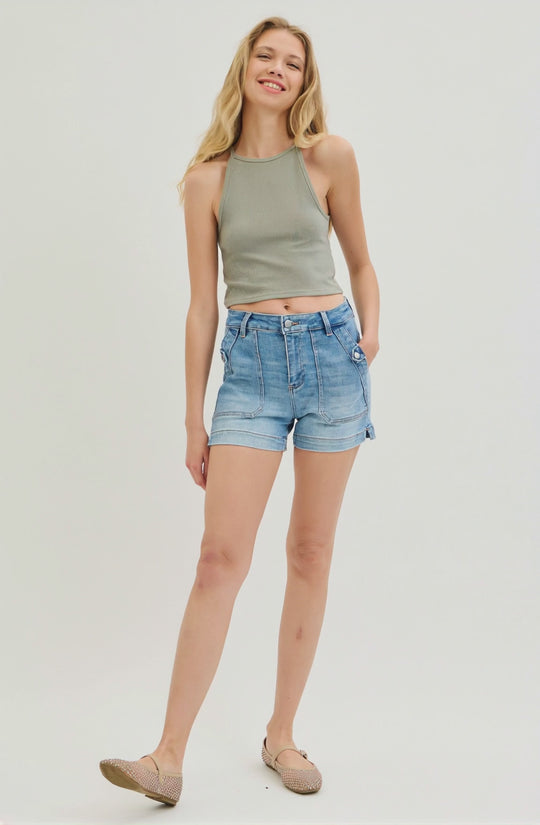 Risen Jeans - High Rise Patched Pocket Shorts - RDS6354