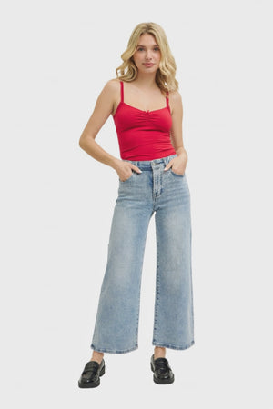 Risen Jeans - Tummy Control Elastic Band High Rise Crop Wide Jeans (27" Inseam) - RDP5909