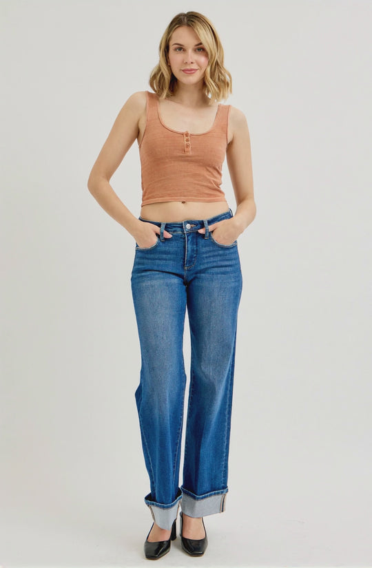Risen Jeans - Tummy Control Mid Rise Wide Cuffed Jeans - PW21181