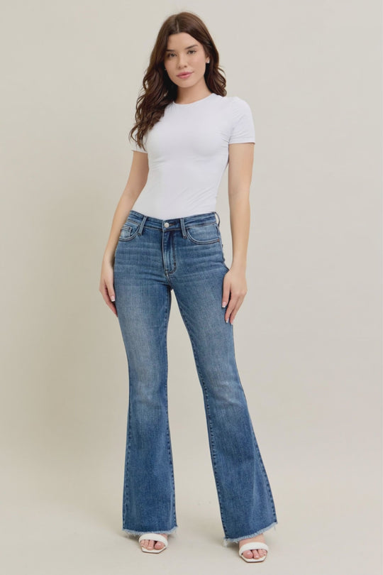 Judy Blue - Mid Rise Vintage Wash Fray Hem Flare Jeans - 82670