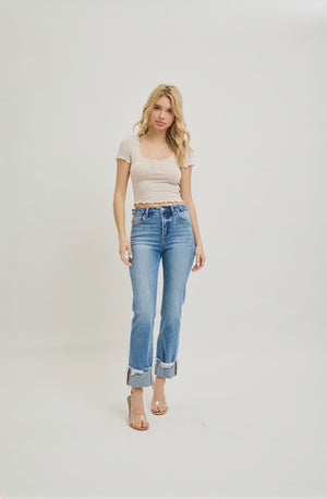 Risen Jeans - Tummy Control High Rise Crop Straight Cuffed Jeans - PSC21173M