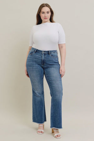 Judy Blue - Mid Rise Vintage Wash Fray Hem Flare Jeans - 82670
