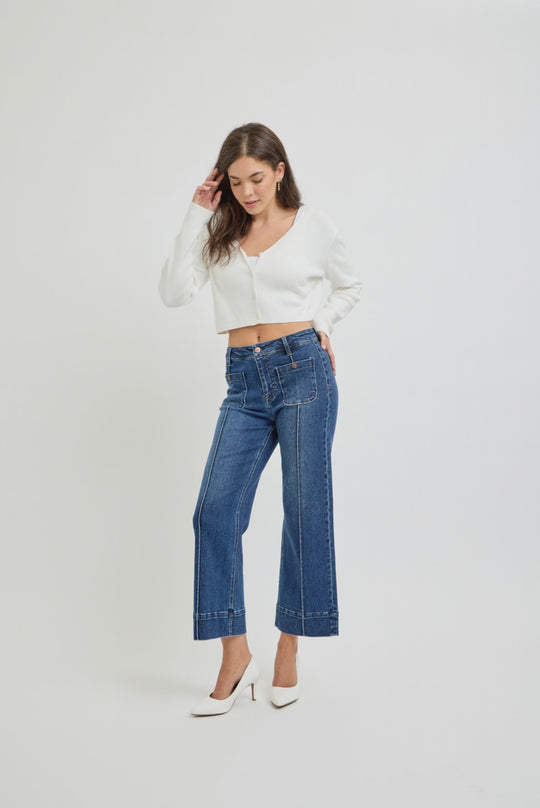 Risen Jeans - High Rise Crop Wide Jeans With Front Pintuck and Patch Pocket - PWC21009