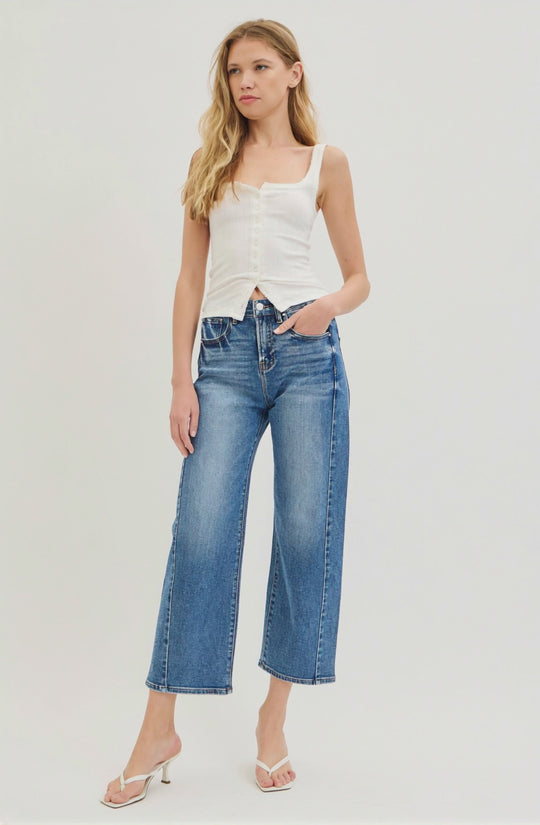 Risen Jeans _ High Rise Crop Legth Barrel Jeans Adjustable Waist Band - PGC21174D