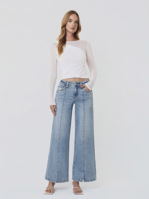 Vervet - Mid-Rise Wide Leg Jeans with Vertical Seam & Front Slit (30" Inseam) - T7225