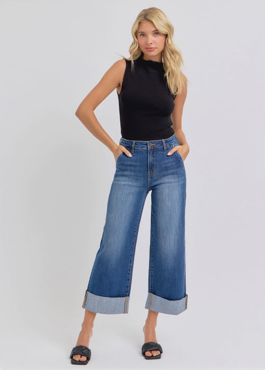 Risen Jeans - Tummy Control High Rise Ankle Wide Cuffed Jeans - RDP5574HD