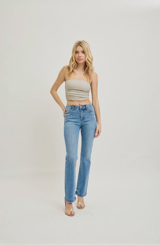 Risen Jeans - Tummy Control Elastic Band Mid Rise Straight Jeans - RDP5822M