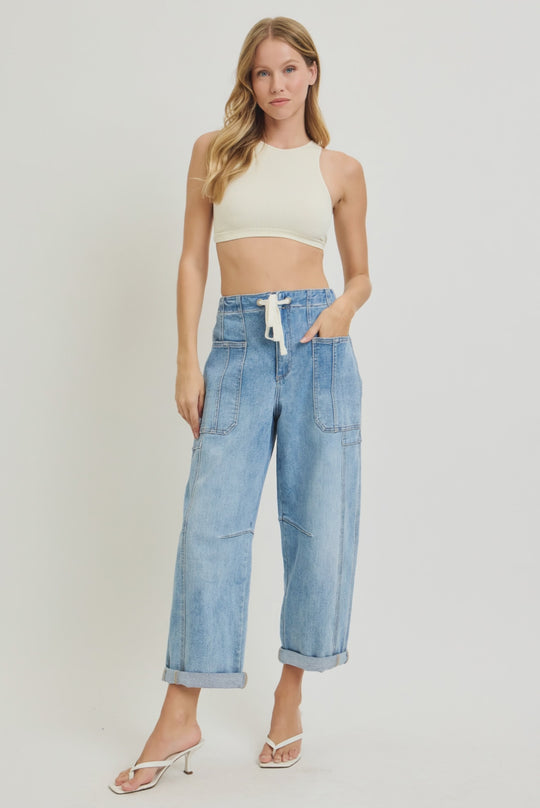 Risen Jeans - High Rise Crop Wide Barrel Cargo Pocket Jeans - PG21142L