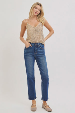 Risen Jeans - Tummy Control Elastic Band High Rise Crop Straight Jeans - RDP5916