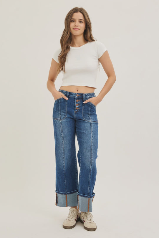 Risen Jeans - High Rise Crop Wide Straight Cuffed Jeans - PWA21369D