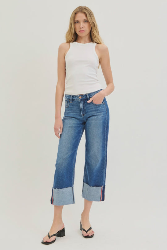 Risen Jeans - Tummy Control Mid Rise Crop Wide Cuffed Jeans - PW21124