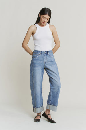 Mica Denim - High Rise Barrel-Leg Cuffed Hem Jeans (26"-29.5" Inseam) - MDP-W3525LT