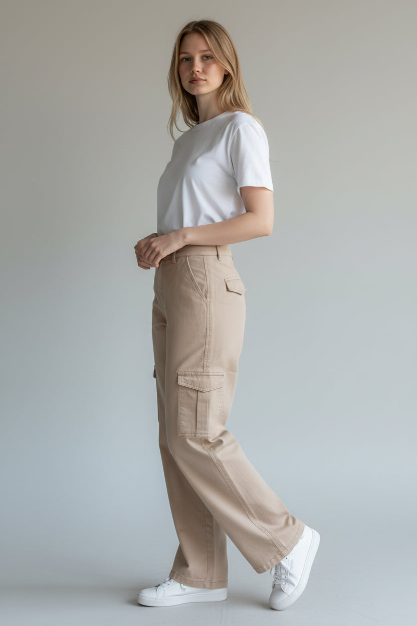 Wax Jeans - Women's High Waisted Wide Leg Twill Cargo Pants - 90339