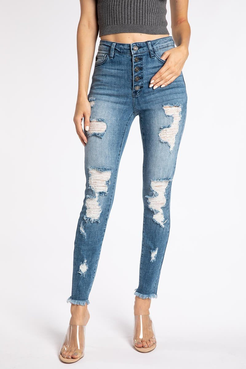Kancan - Women's High Rise Button Fly Distressed Super Skinny Jeans - kc7310 ST - SaltTree