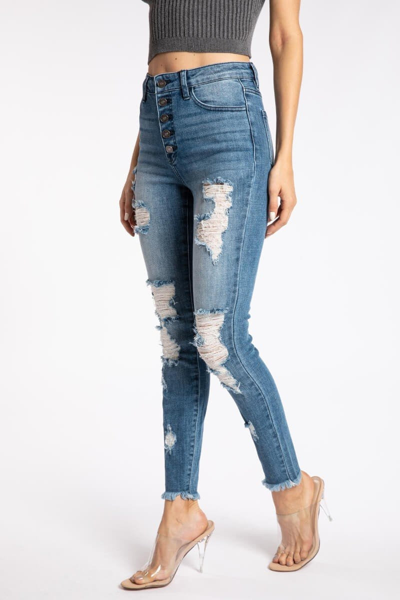 Kancan - Women's High Rise Button Fly Distressed Super Skinny Jeans - kc7310 with kc6192 ST - SaltTree