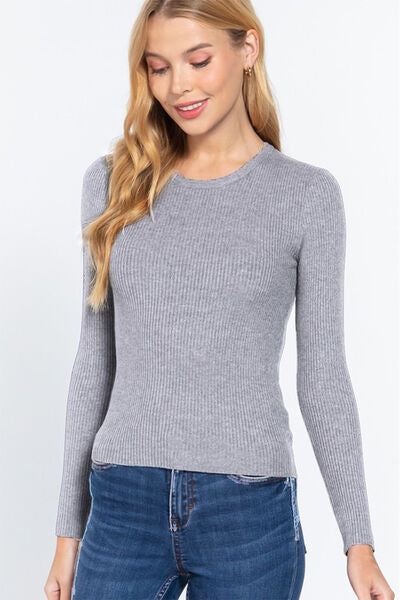 ACTIVE BASIC Full Size Ribbed Round Neck Long Sleeve Knit Top - SaltTree