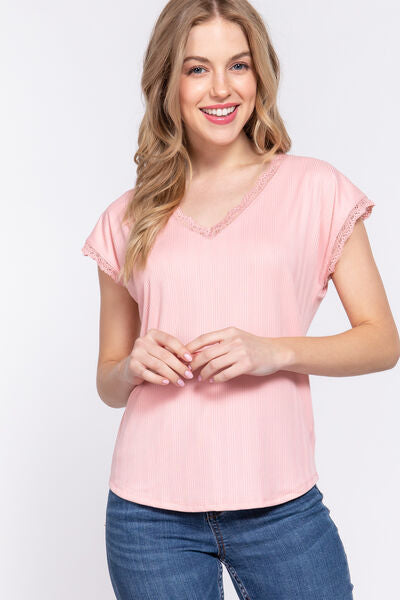ACTIVE BASIC Lace Trim V-Neck Short Sleeve Ribbed Top - SaltTree