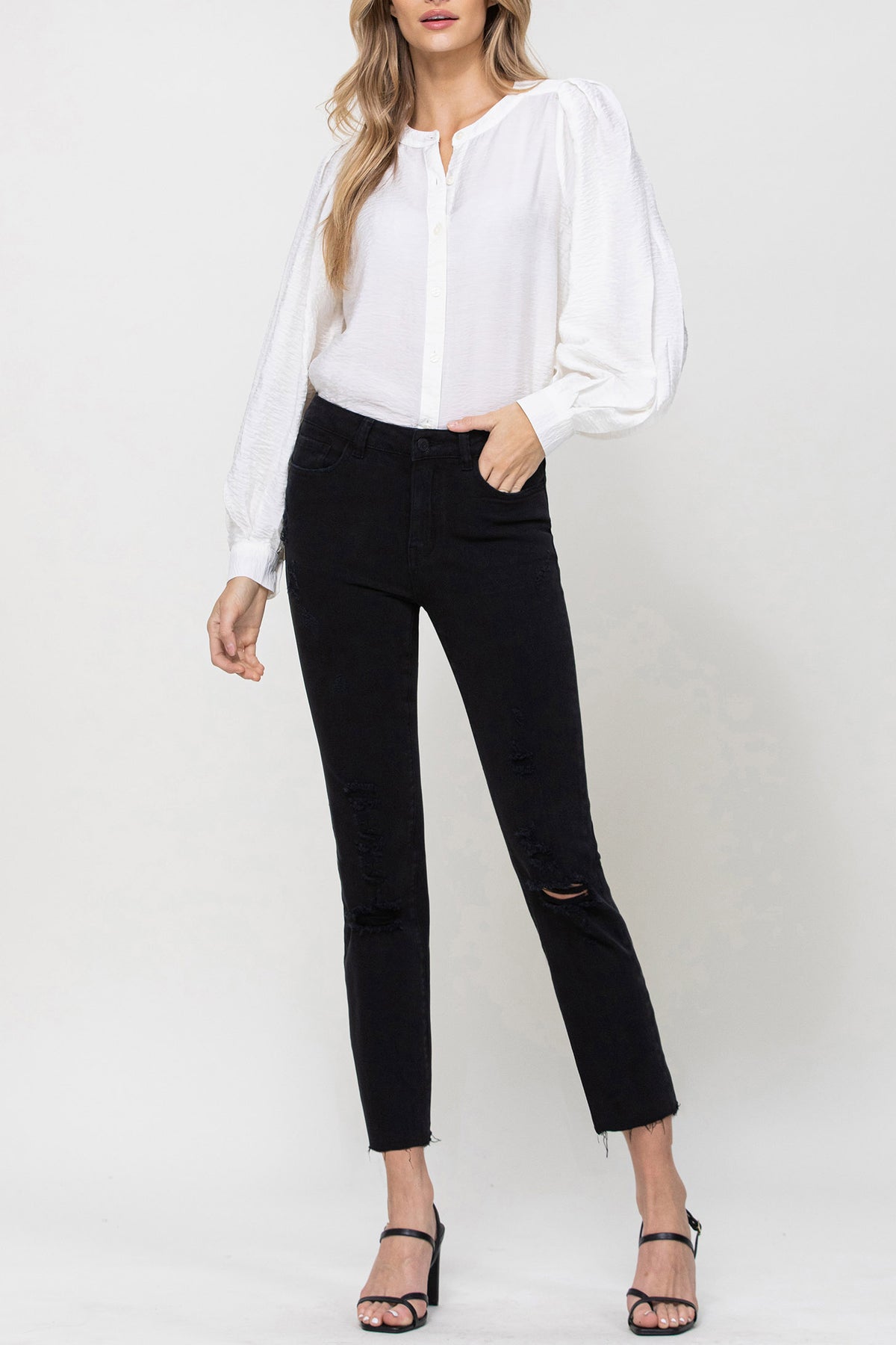 Flying Monkey - Lani Medium- High Rise Clean Cut & Fray Hem Detail Crop Straight Jeans - Y3118BK - SaltTree
