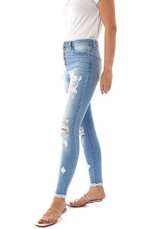 Kan Can Women's High Rise Button Fly Distressed Super Skinny Jeans - kc7310 with kc6192 ST